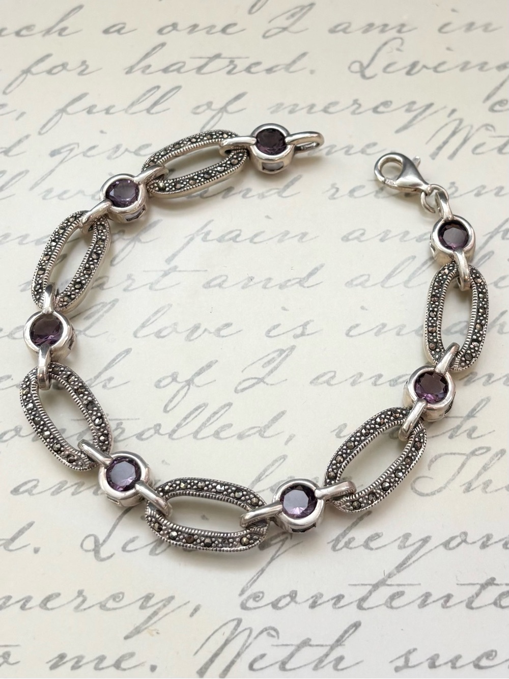 Vintage Sterling Silver Marcasite Bracelet with Purple Amethsyt Gemstones